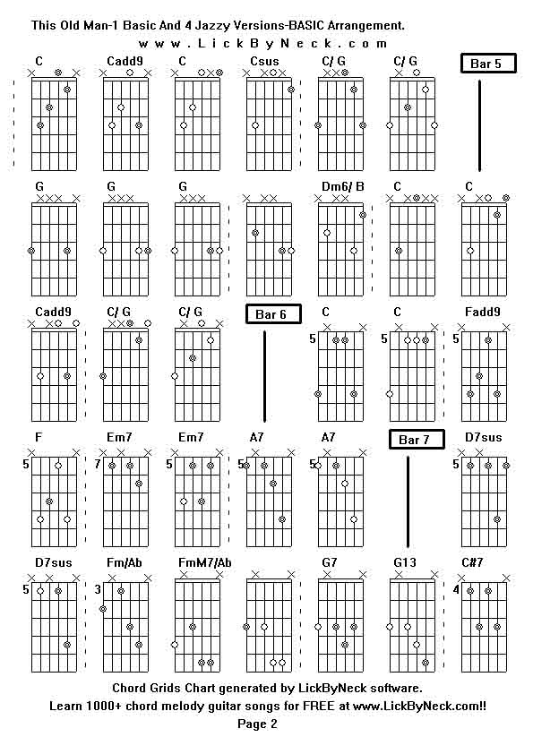 Chord Grids Chart of chord melody fingerstyle guitar song-This Old Man-1 Basic And 4 Jazzy Versions-BASIC Arrangement,generated by LickByNeck software.